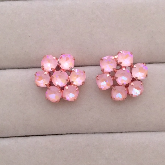 Pink Opal Aurora Borealis + Rose Gold Crystal Flower Statement Earrings - Picture 5 of 7